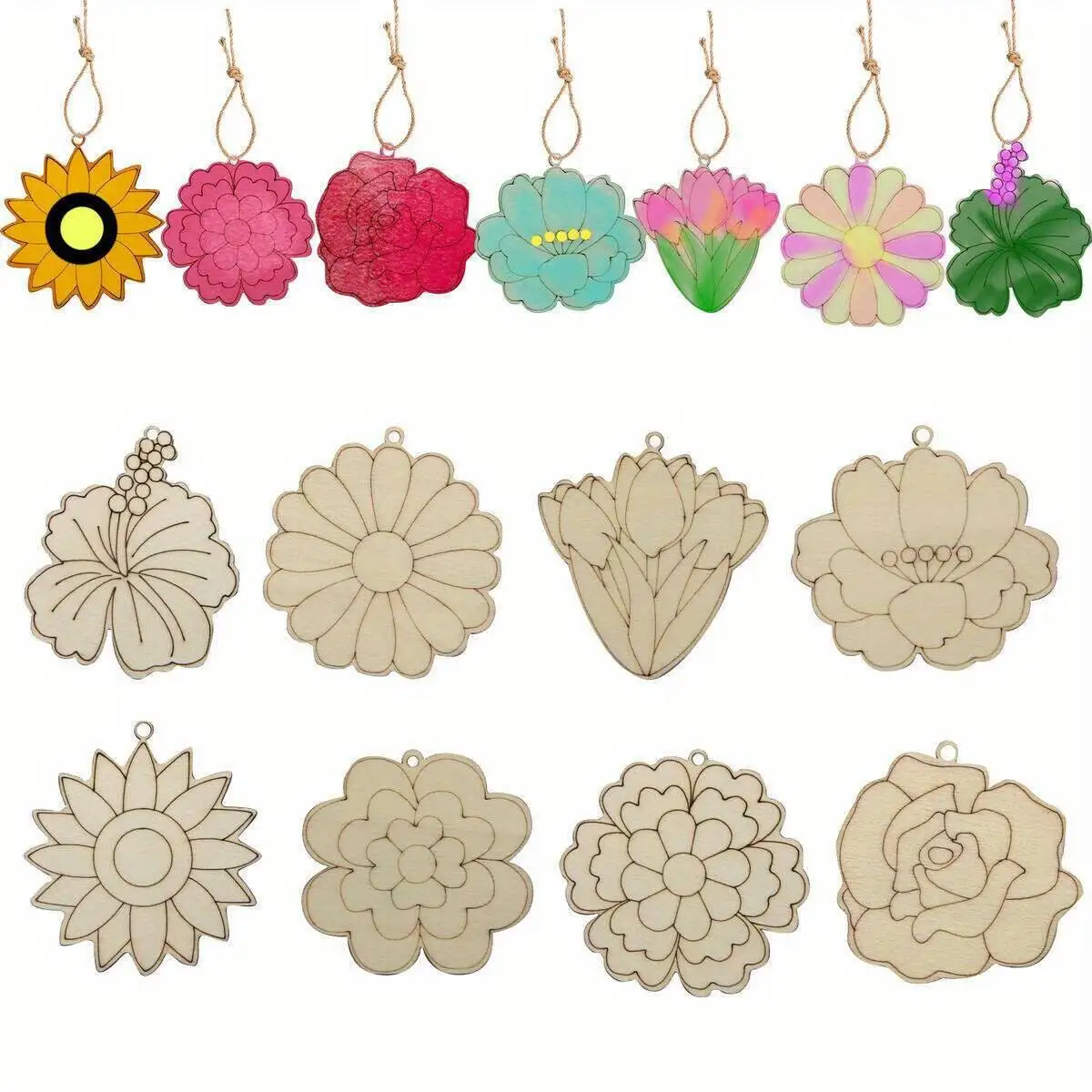 24Pcs Wooden Flower Head Pendants Unpainted Lily Tulip Rose Hanging Ornament For Spring Easter Home Party Decoration Gifts