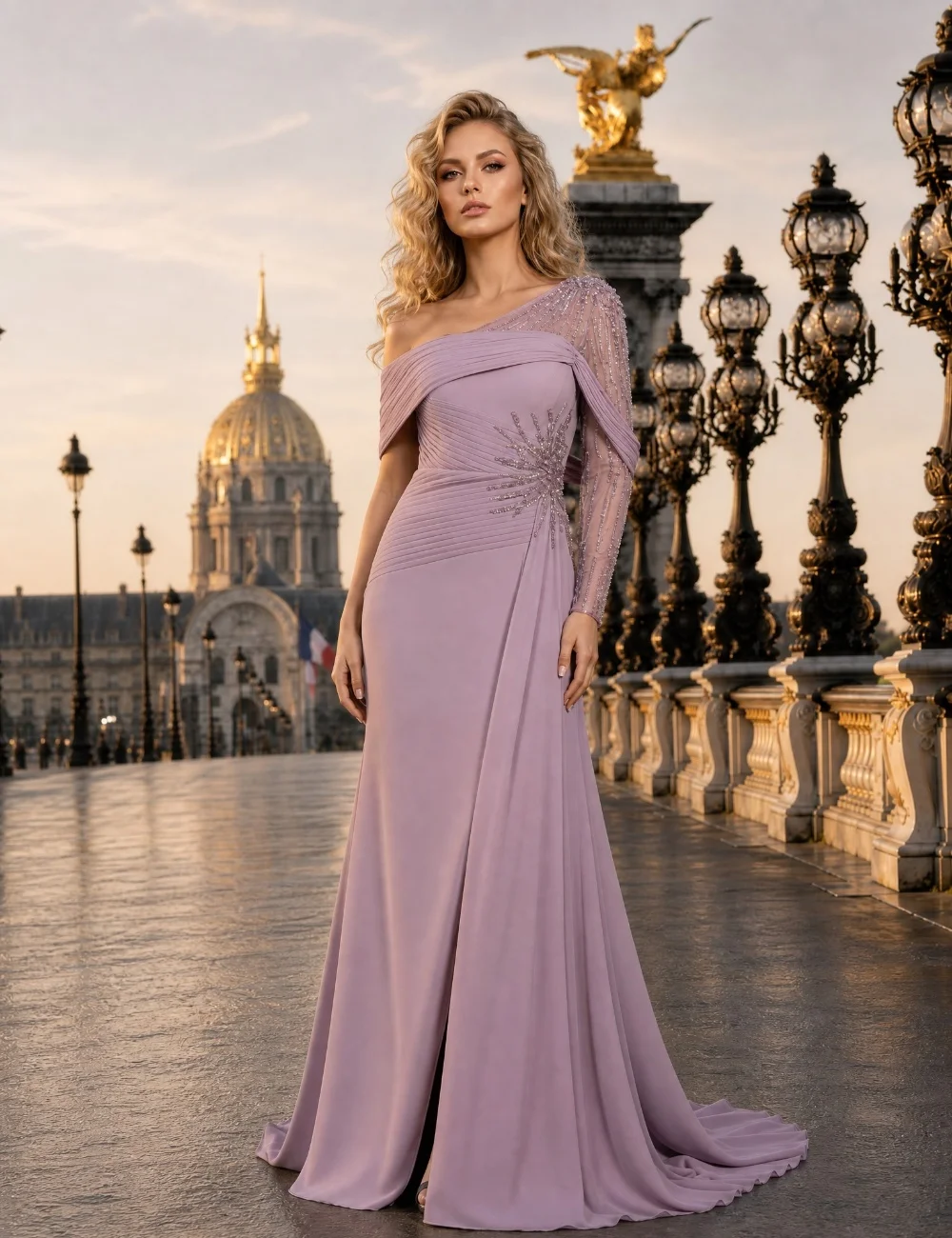 

Customized Purple Sparkle Intricate Chiffon Pleat Beading Sequined Mermaid Off-the-shoulder Floor-Length Evening Dresses Retro