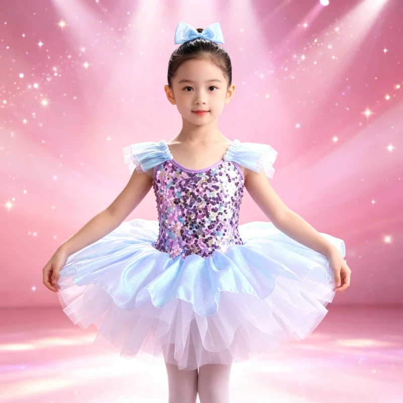 Sleeveless Fluffy Mesh Dance Outfit, Lovely Swan Inspired Design, Perfect for Kids Dance Recitals and Festival Performances