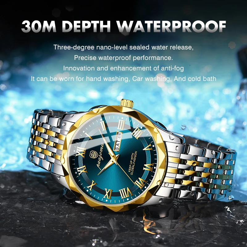 POEDAGAR ساعة رجالية فاخرة تاريخ الأسبوع مقاوم للماء مضيئة ساعة من الفولاذ المقاوم للصدأ للرجل عادية كوارتز ساعات رجالية رياضية + صندوق