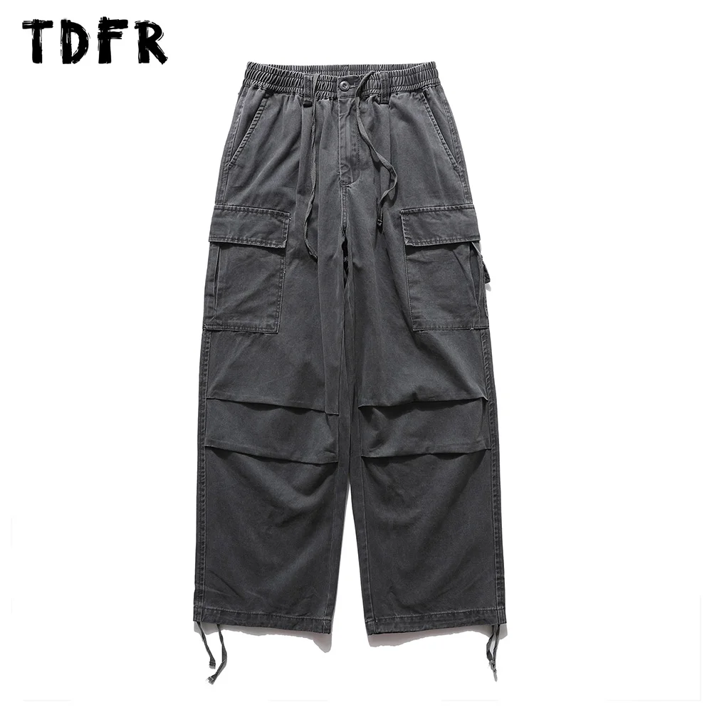 

Pocket Pleated Cargo Pants Mens Safari Style Washed Distressed Solid Color Elastic Waist Loose Wide Leg Joggers Pants Men