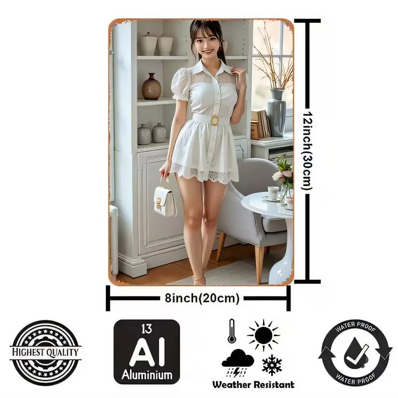 Highest Quality Weather - Resistant Waterproof 13AI Aluminium Vintage Metal Tin Sign, Woman in White Dress Indoor Scene Retro Wa