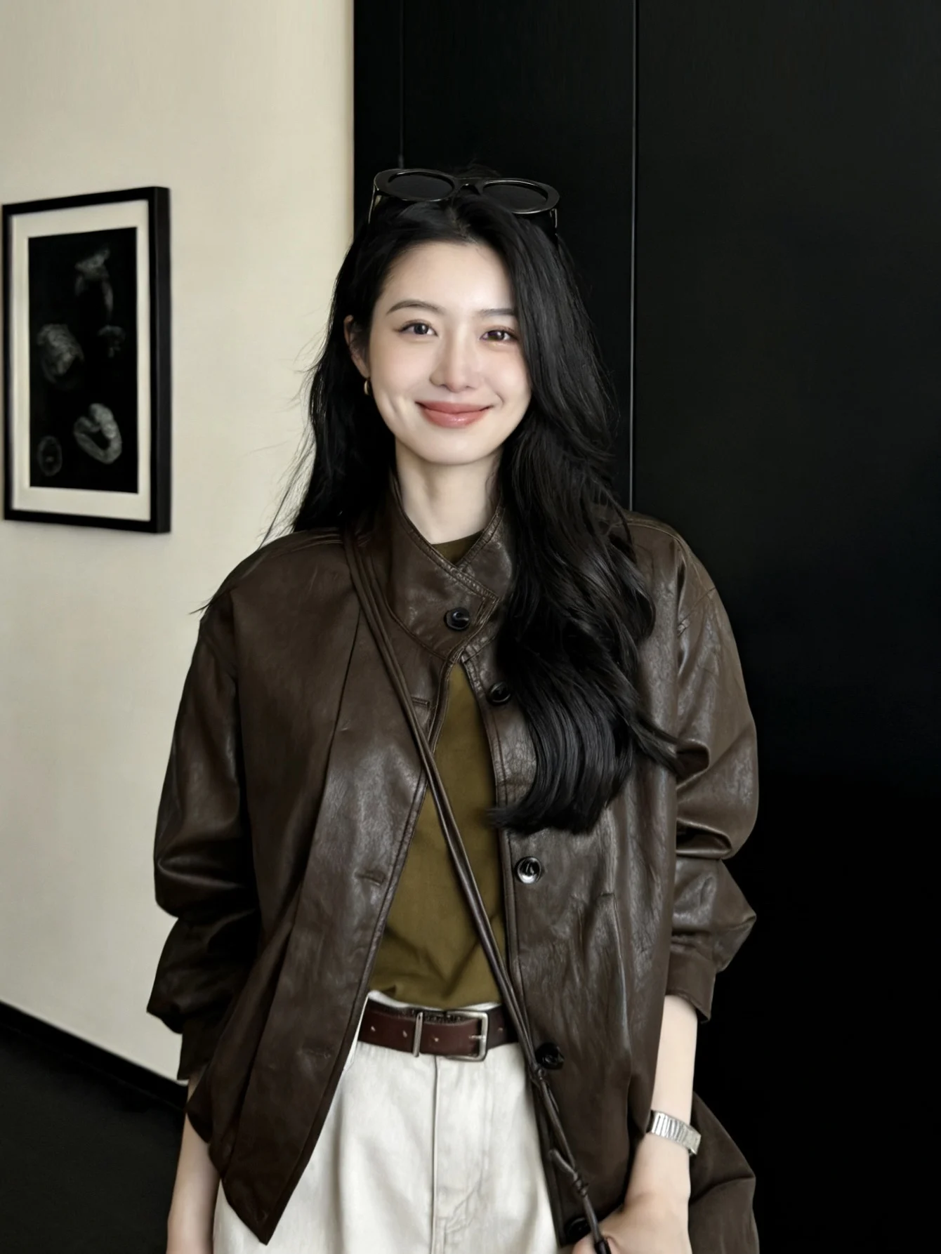 

Faionable Long Sve Leather Jaet Women's Motorcycle Sle Spring Coat Handbag Matching Trendy Top Stand Fit Polyeste...