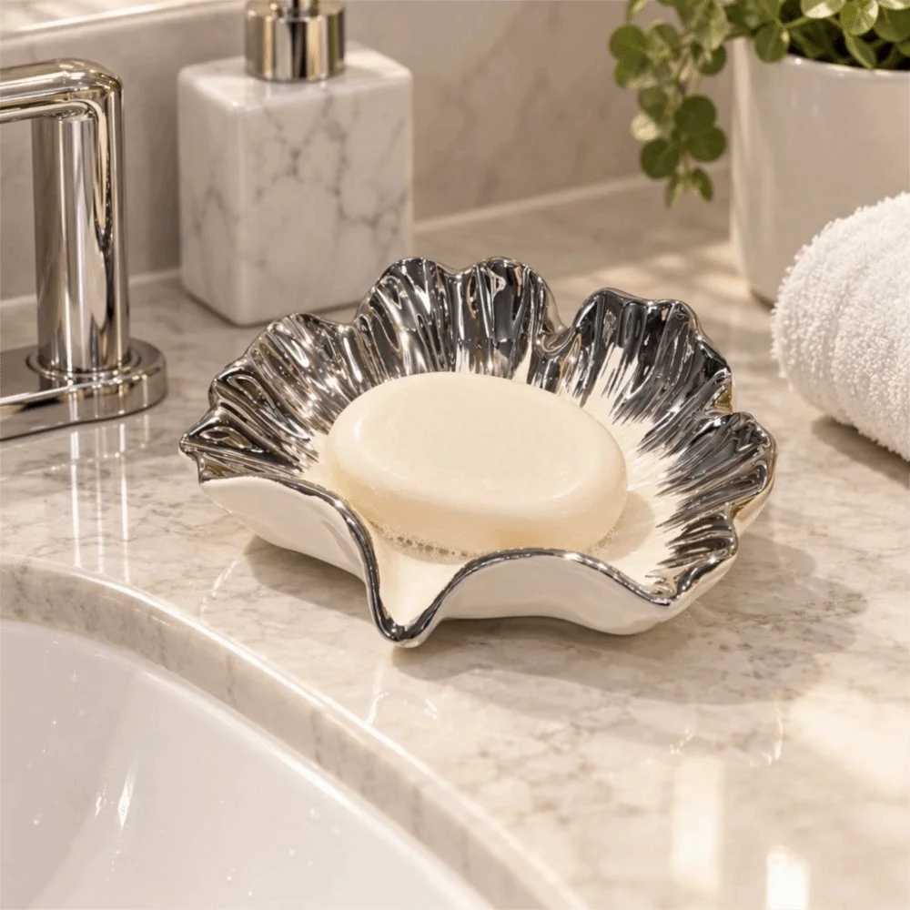 Ceramic Ginkgo Leaf Drain Soap Dish Opening Design V-shaped Drainage Soap Tray Smooth Edges Shell Soap Holder Washbasin