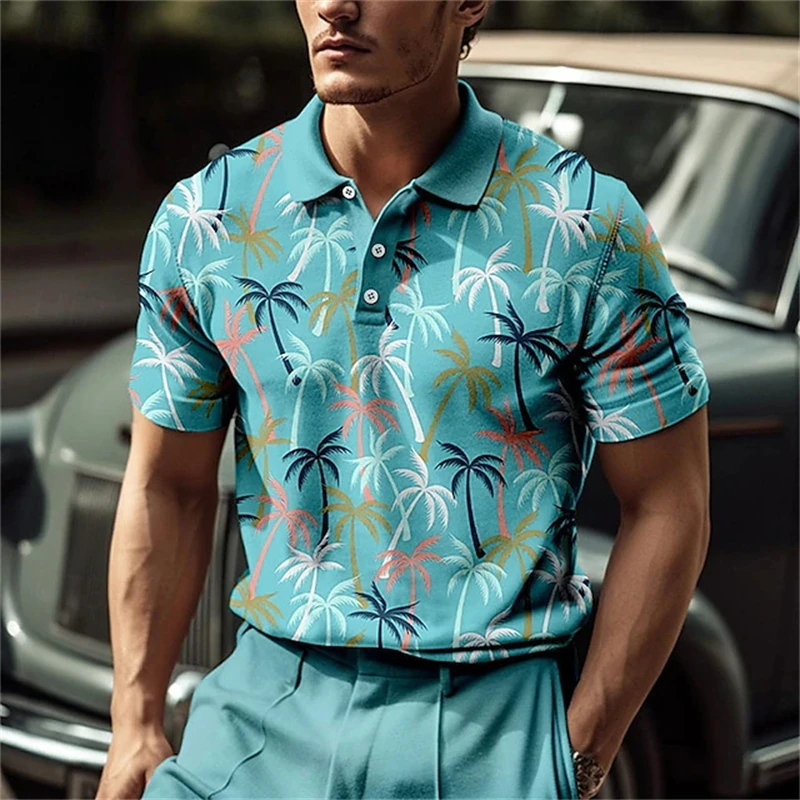 

Hawaiian Beach Coconut Trees Polo Shirt For Men Summer 3D Print Leaves Short Sleeve Golf Polo Shirts Casual Street T Shirt Tops