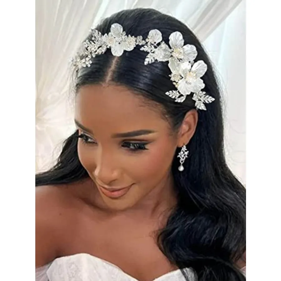 

Flower Bride Wedding Headband Silver Bridal Hair Vine Floral Headpiece Accessories for Women