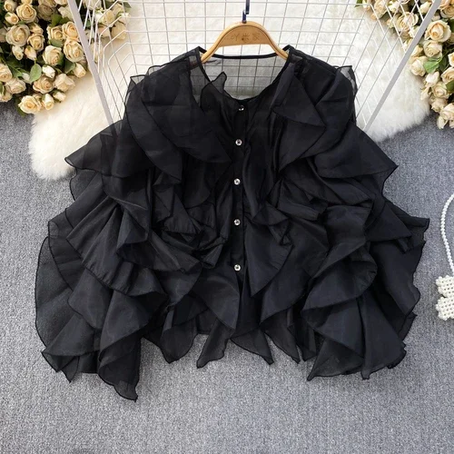 Girocollo irregolare bordo volant manica lunga camicia monopetto allentata francese dolce delicato camicette casual Femme Blusas