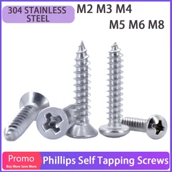 M2 M3 M4 M5 M6 M8 304 Stainless Steel Phillips Cross Round/Countersunk Head Screw Wood Screws Laptop Self Tapping Screws Glasses