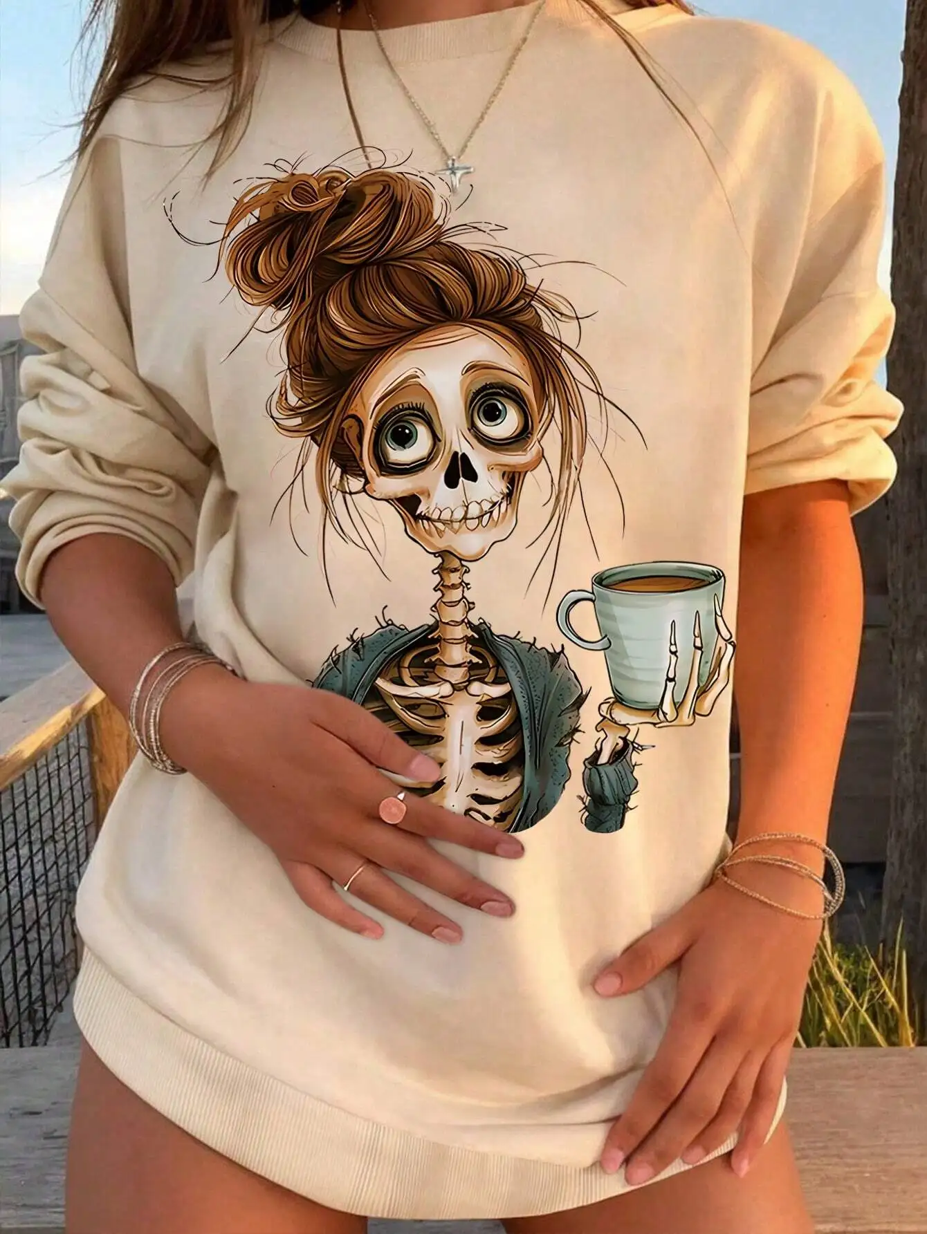

Women's Skull Coffee Print Casual Sweatshirt, Long Sleeve Pullover for Fall & Winter