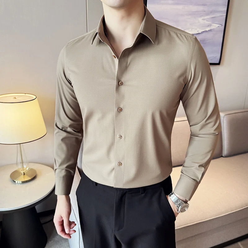 Men's Long-sleeved Business Casual Shirt Made of Wool and Blended Fabric, Stretchable and Warm, Suitable for Formal Occasions.