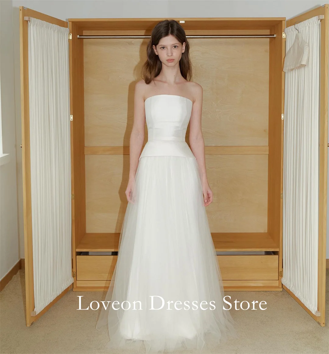 

Strapless Simple Wedding Dresses Customized 프롬드레스 A-Line Tulle Lace-up Korea Pretty Ivory Bride Gowns Party Women Bride