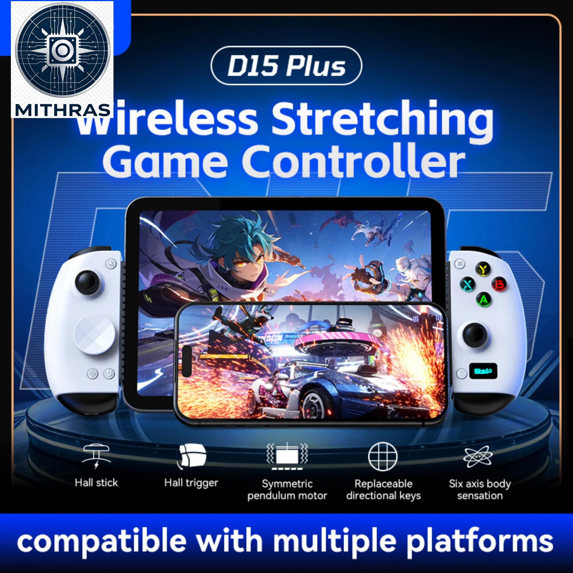 D15 Plus Wireless Stretching Gamepad for Phone Tablet, 6-Axis Gyro Bluetooth Hall Effect Joystick, Android iOS Gaming Controller