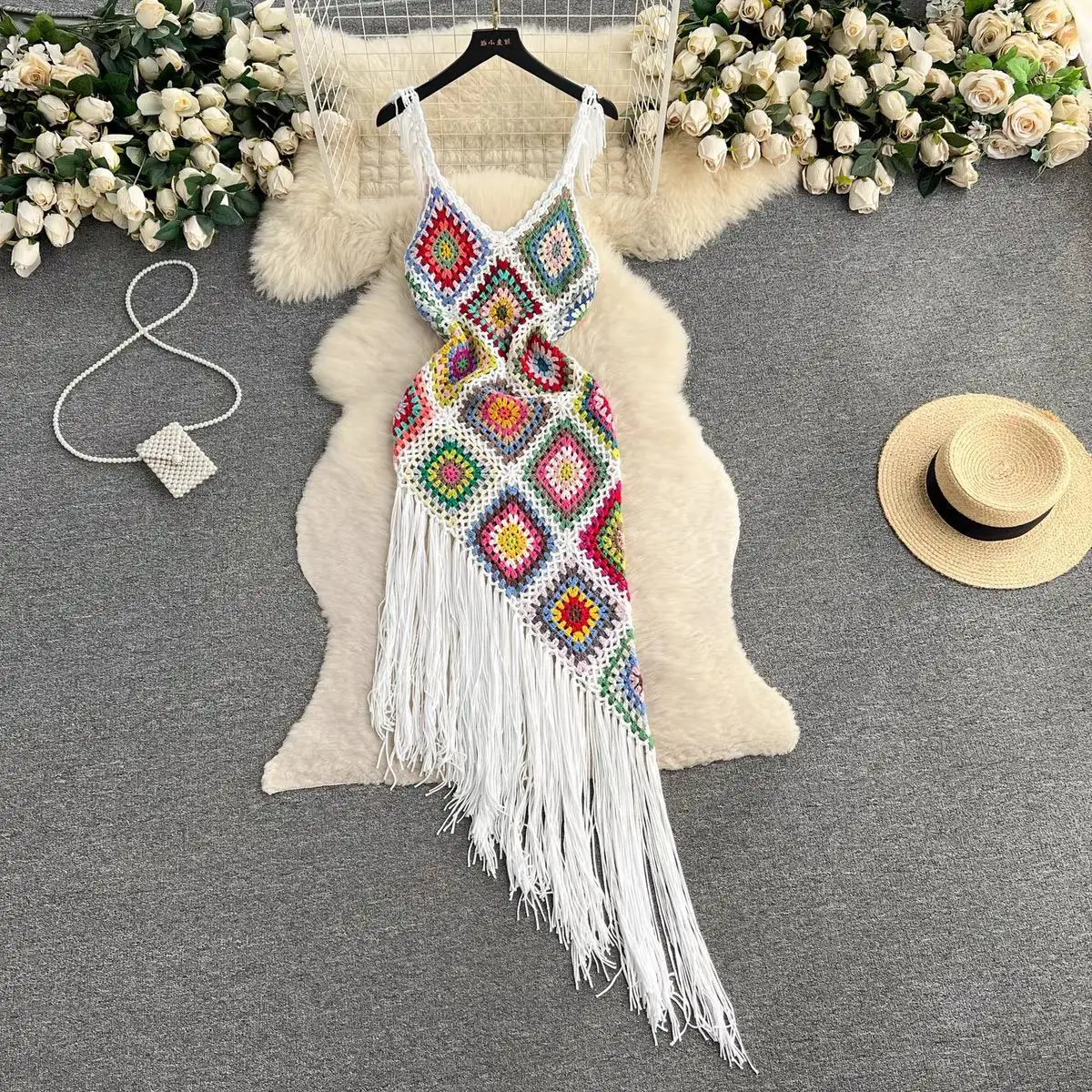 

Dress Women Long Dresses V Neck Tassel White Vestidos Beach Streetwear Hollow Out Sleeveless Elegant Y2k Summer High Waist