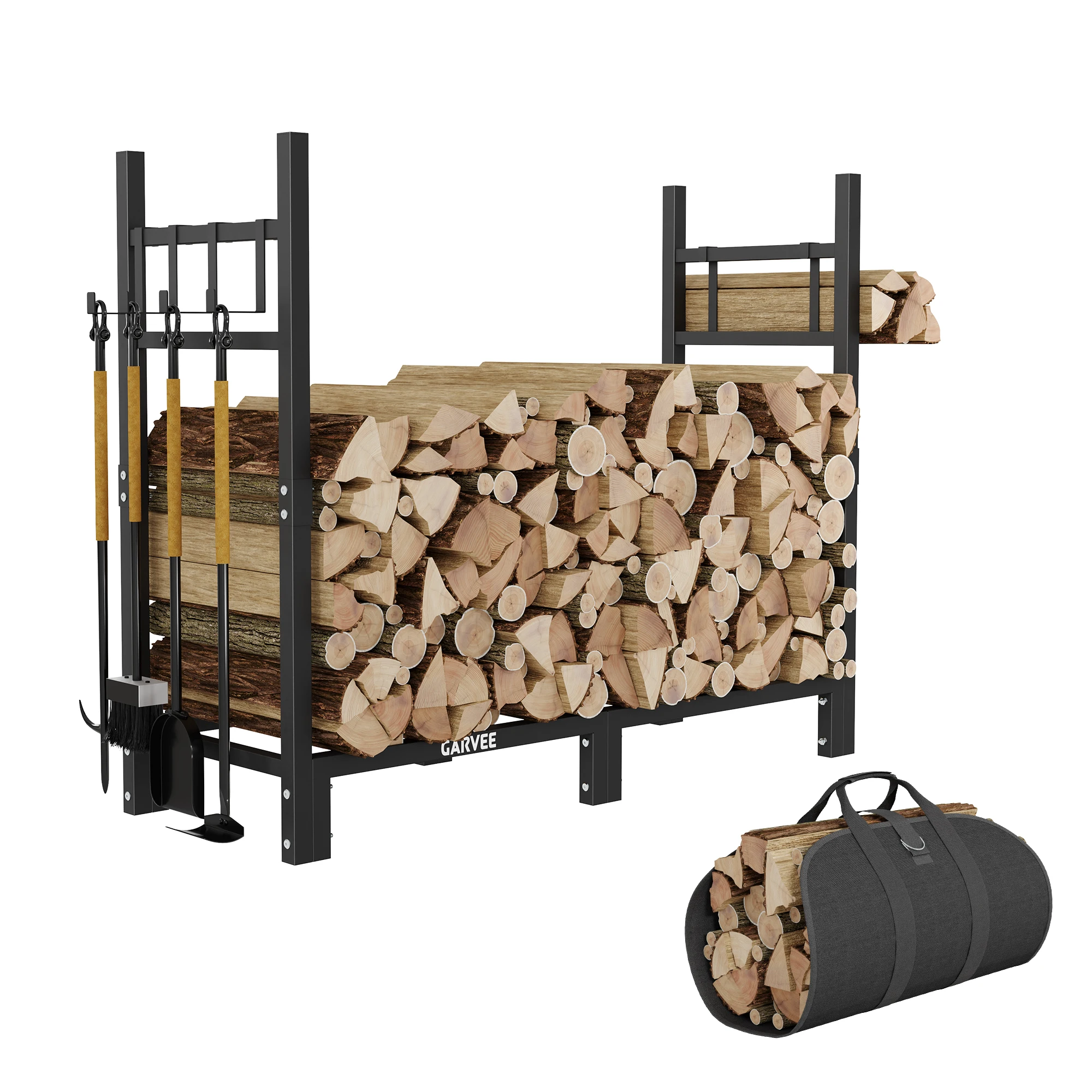 9FT Steel Firewood Rack with Adjustable Pads 6FT Indoor Outdoor Wood Storage Log Holder Stand Log Carrier Tote Bag Hook