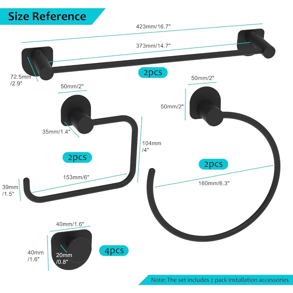 مجموعة أدوات الحمام الكاملة المكونة من 10 قطع باللون الأسود غير اللامع مع قضبان المناشف والخواتم والخطافات لديكور المنزل الحديث
