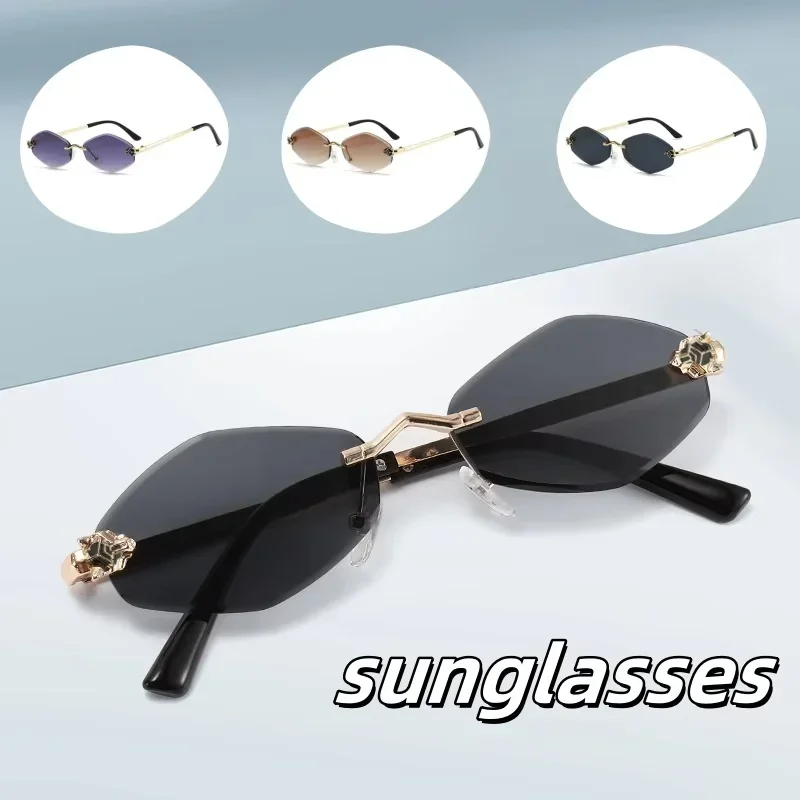 

New Rimless Cut Edge Sunglasses Woman Diamond Personalized Sunglasses UV Protection Small Frame Vintage Metal Shades Eyewear