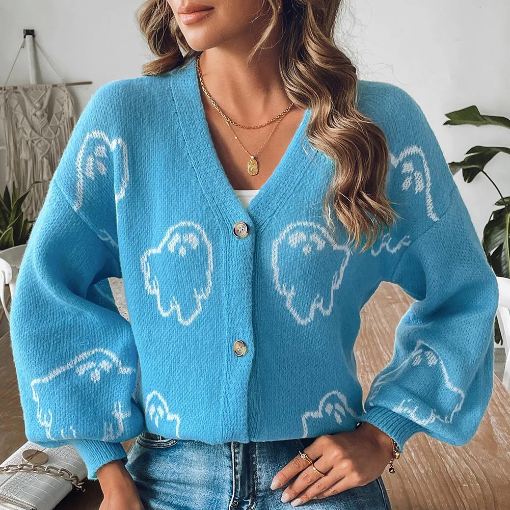 

Повседневный свободный свитер на пуговицах для женщин с мультяшным жаккардовым узором, подходящим для нескольких случаев