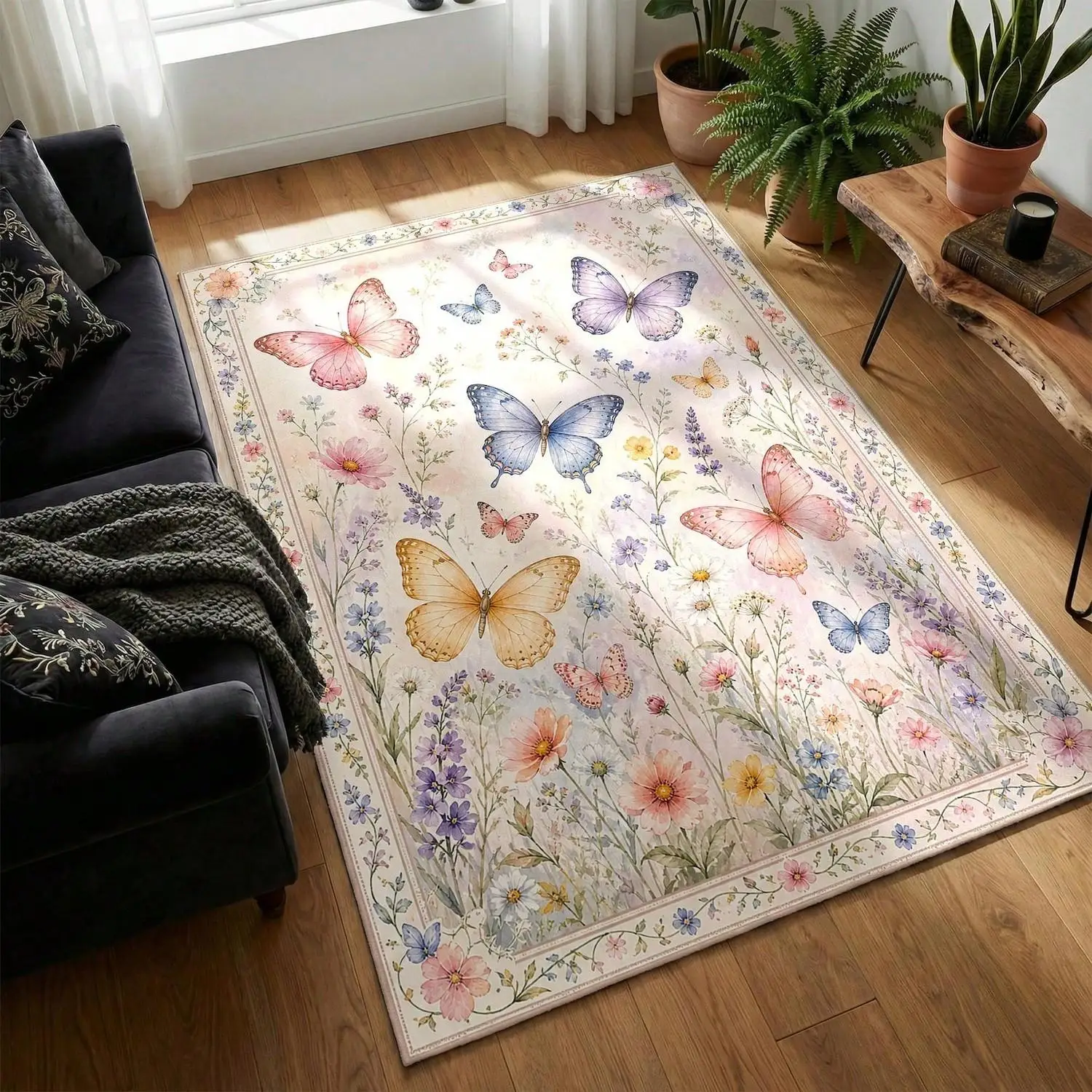Dreamy Butterfly Meadow Rug, with Colorful Floral Prints, Creates a Dreamy Forest or Playroom Decor Atmosphere