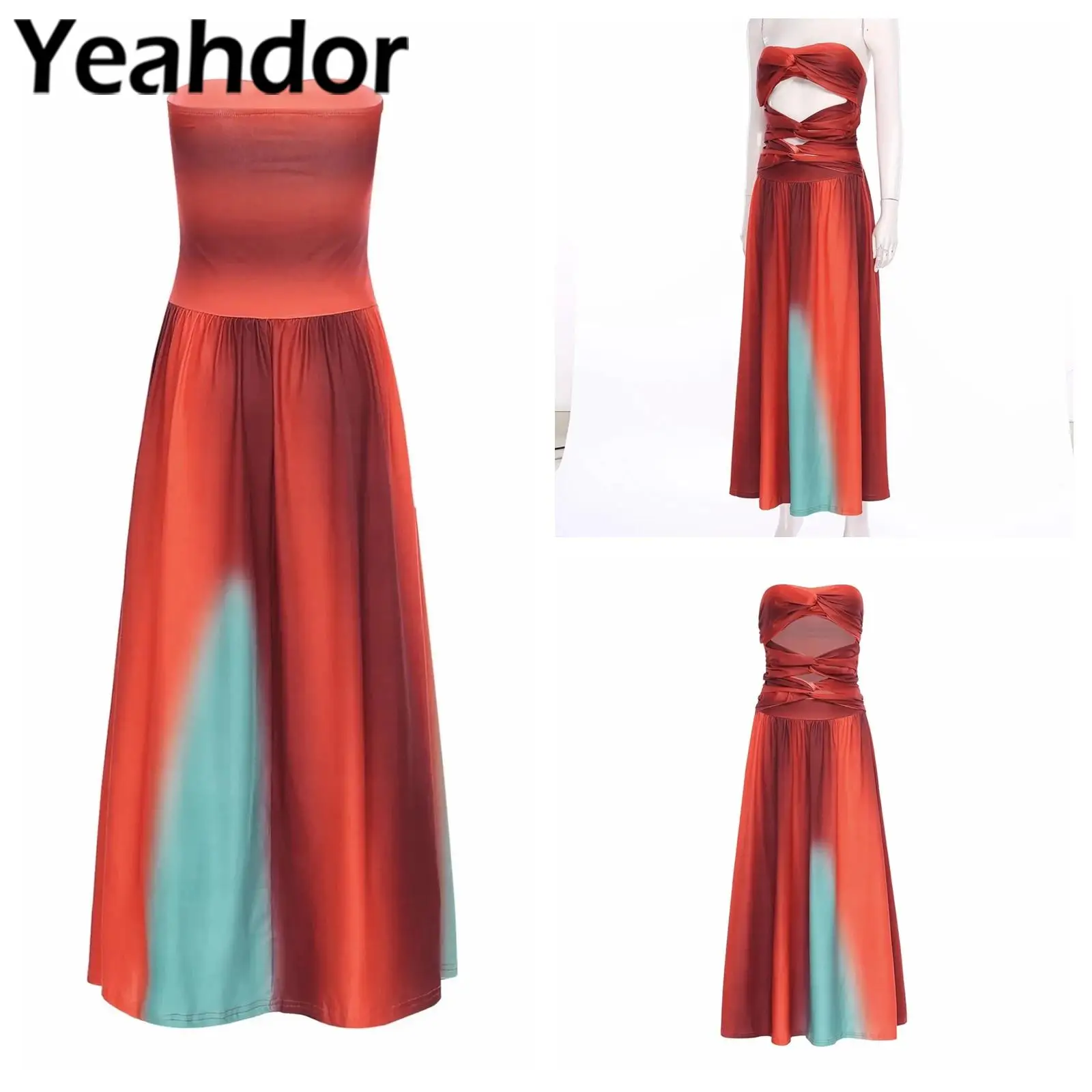 

Градиентное платье без бретелек, женское элегантное вечернее платье с принтом тай-дай, банкетное платье макси с открытыми плечами, свадебное платье