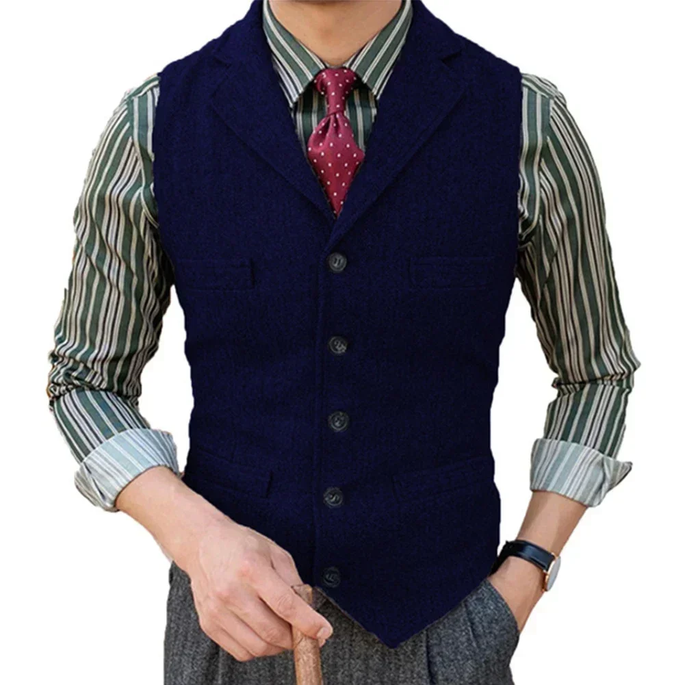 Men's Suit Vest in Vintage Herringbone Tweed  Retro Style Waistcoat with Notch Lapel  for Weddings or Formal Events