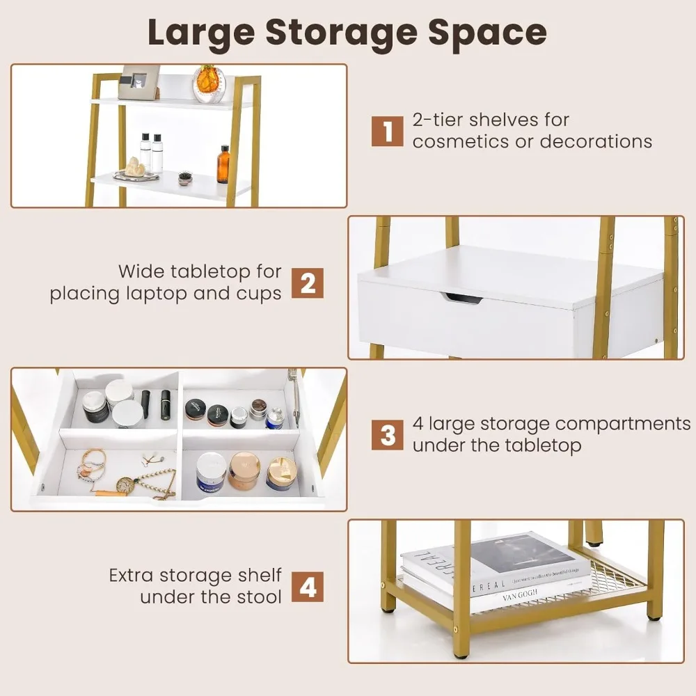 Vanity Desk Set with Flip-up Mirror, Ladder Vanity Table and Cushioned Stool Set w/ 4 Storage Compartments