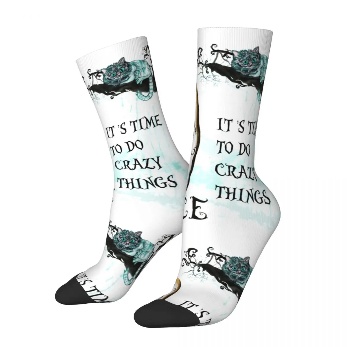 Colorful Cat Chester Alice In Wonderland Skateboard Socks Polyester Crew Socks for Unisex