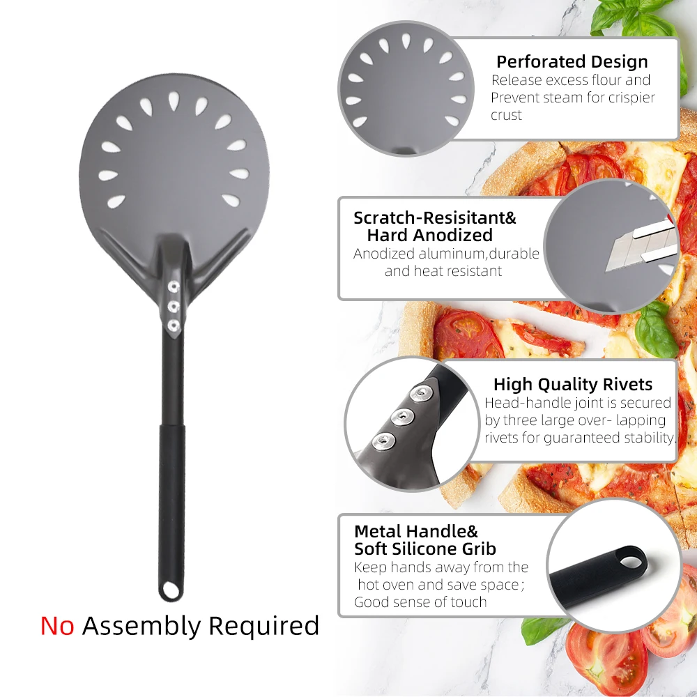 Pizza Turning Peel 6 Inch Round Aluminum Pizza Perforated Baking Turner Set with Metal Handle Pizza Paddle for Pizza Accessories