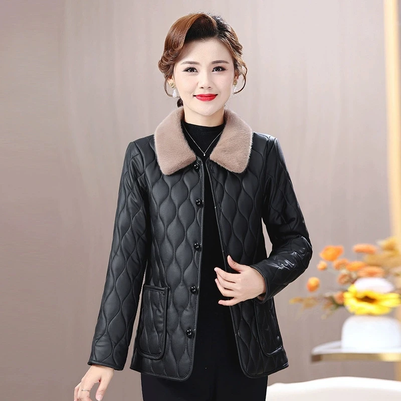 Madri di mezza età con giacca imbottita in cotone caldo velluto Cappotto da donna in similpelle alla moda Giacca invernale in cotone felpato