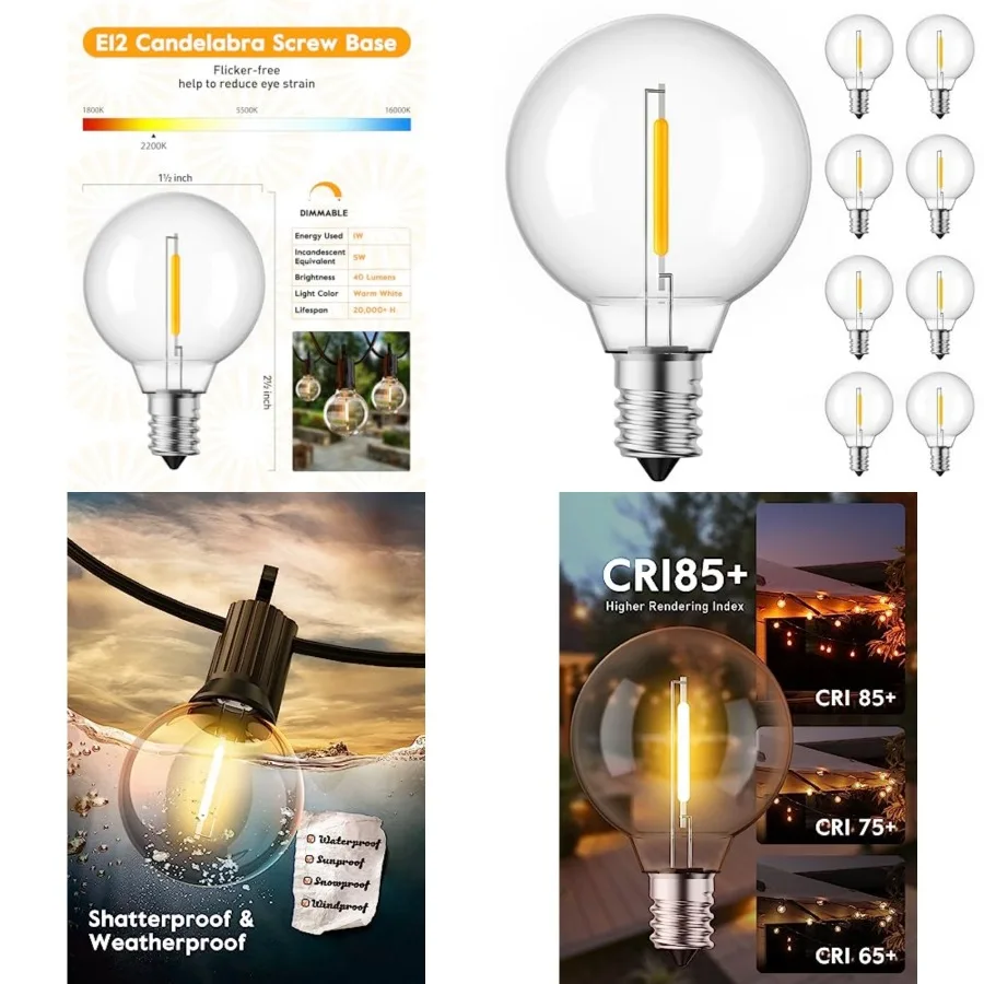 

G40 Replacement LED Light Bulbs, Globe Bulb fits E12 C7 Candelabra Screw Base Sockets, 1.5 Inch Dimmable Edison Light Bulbs for