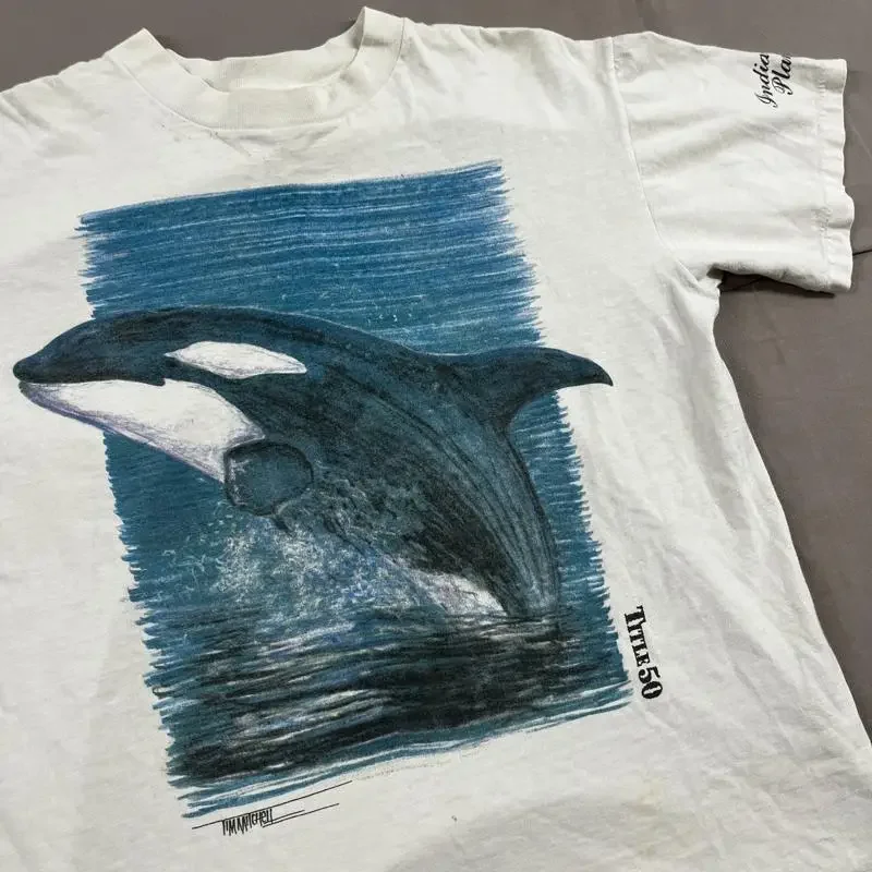 Vintage 90'S Killer Whale Drawing White T Shirt Sz L