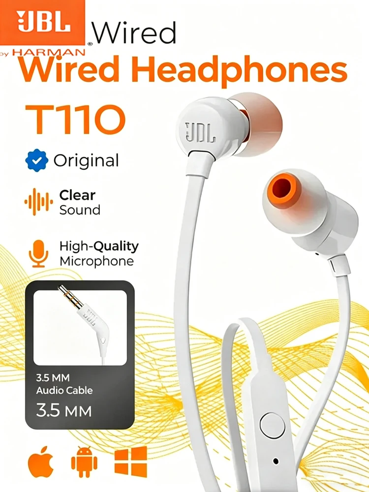 JBL T110 Subwoofer In-ear Headphones Wired With Wheat Wire Control To Game Karaoke Headphones Round Head 3.5mm Voice Sports Gift