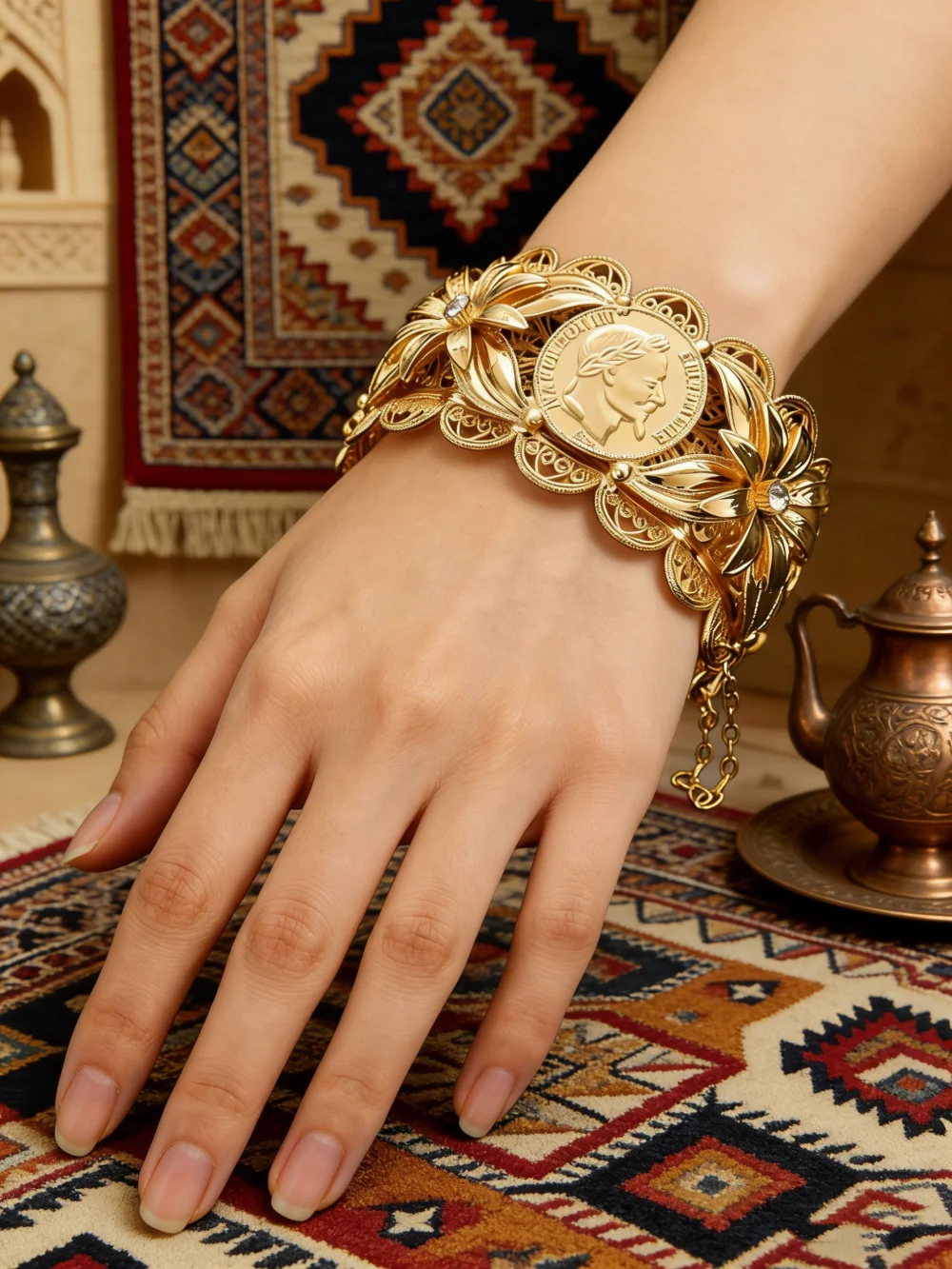 

Luxury Gold-Plated Bride Hand Bracelet with Carved Flower Design And Portrait Pattern Algerian Ladies Wedding Ring Accessory