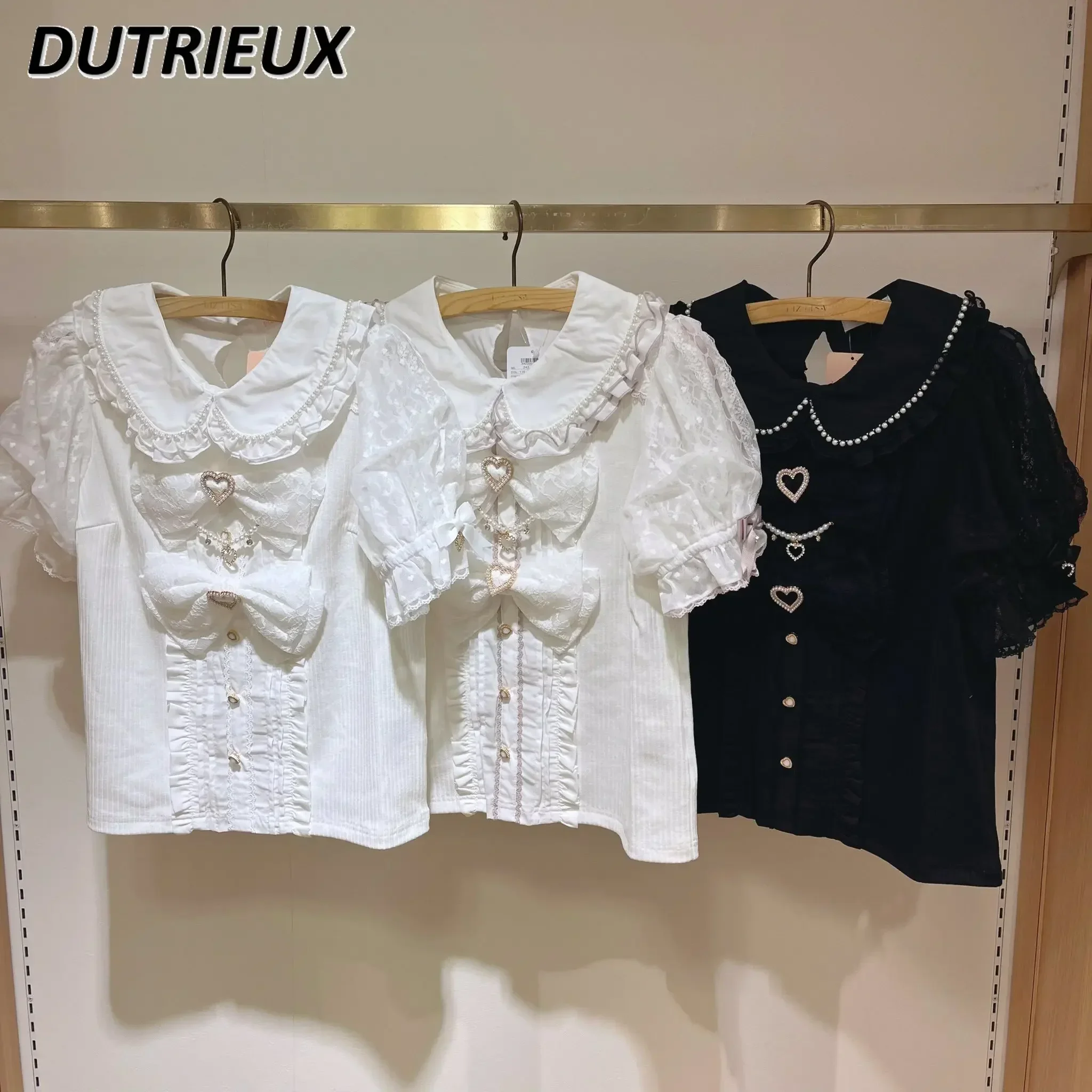 Blusa de manga corta con cuello de muñeca Kawaii para niña, camisa bonita y dulce de estilo japonés, blusa Popular de verano con lazo grande