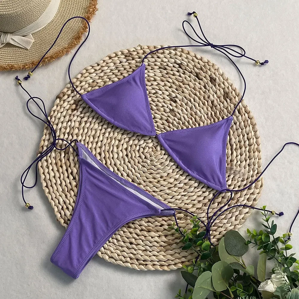 2025 New Women's Solid-color Separate Beach Wear Sexy Halter Three-point Bikini Backless Adjustable Lace-up Swimsuit