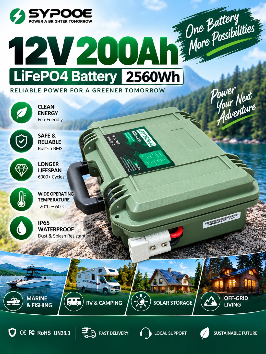 Original 12V LiFePO4 Batterie 200Ah 100Ah 2560Wh 24V Lithium-Batterie Tragbar USB QC PD 6K+ Zyklen IP65 Bluetooth BMS für Angelboot, Trollingmotor, Fischfinder, Schlauchboot Batteriepack