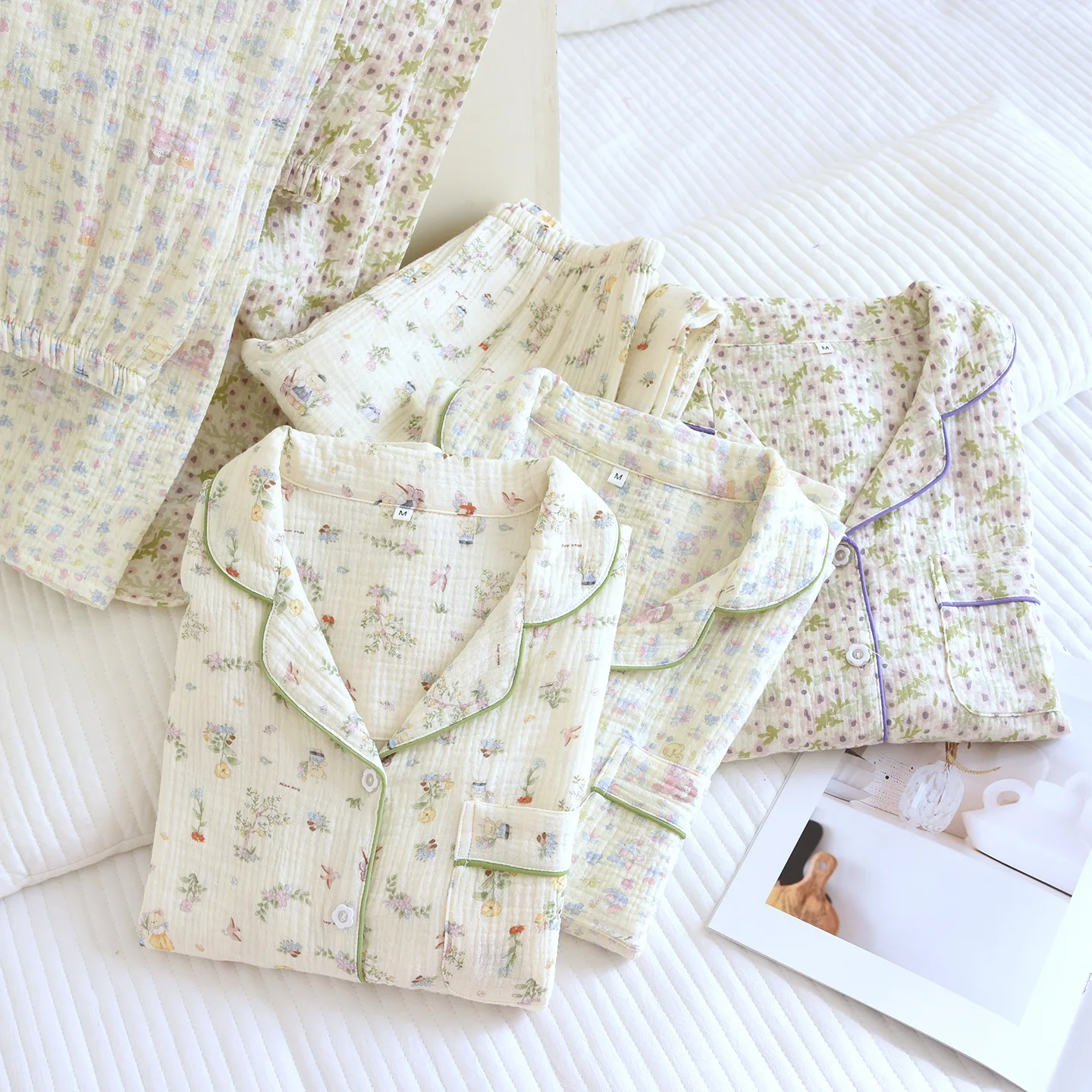 

2026 New Pajama Set 100% Cotton Women's Spring/Summer Double Layer Gauze Floral Long Sleeve Loose Home Clothes