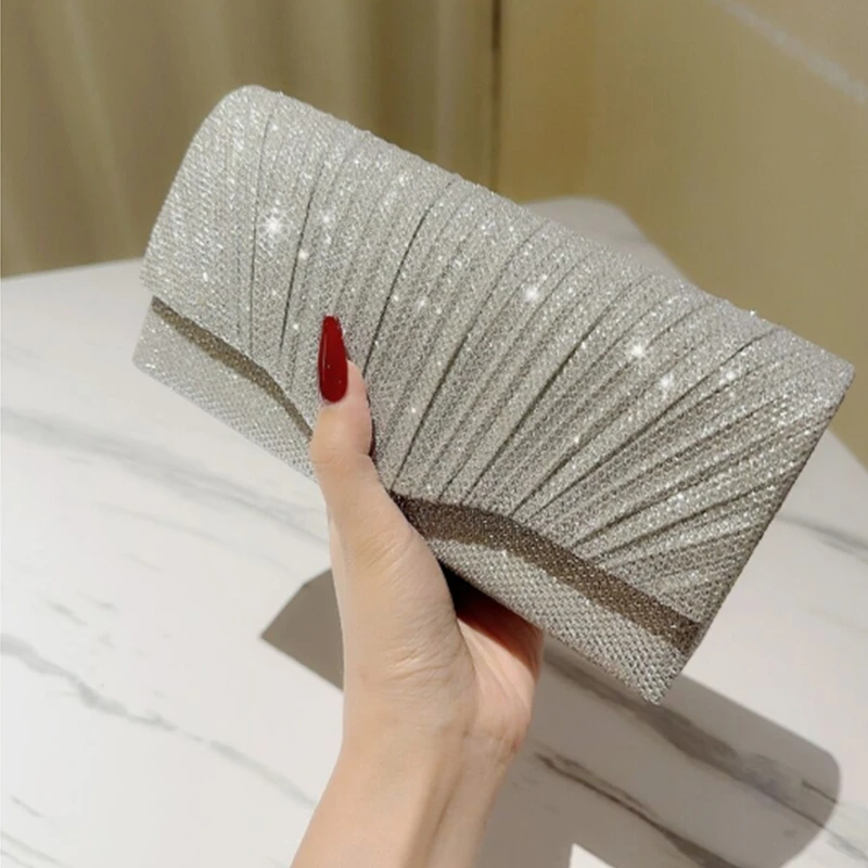 Glitter Silver Clutch Bag Envelope Evening Bag Fashion Elegant Long Purse Women Chain Shoulder Bags Wedding Party Handbag