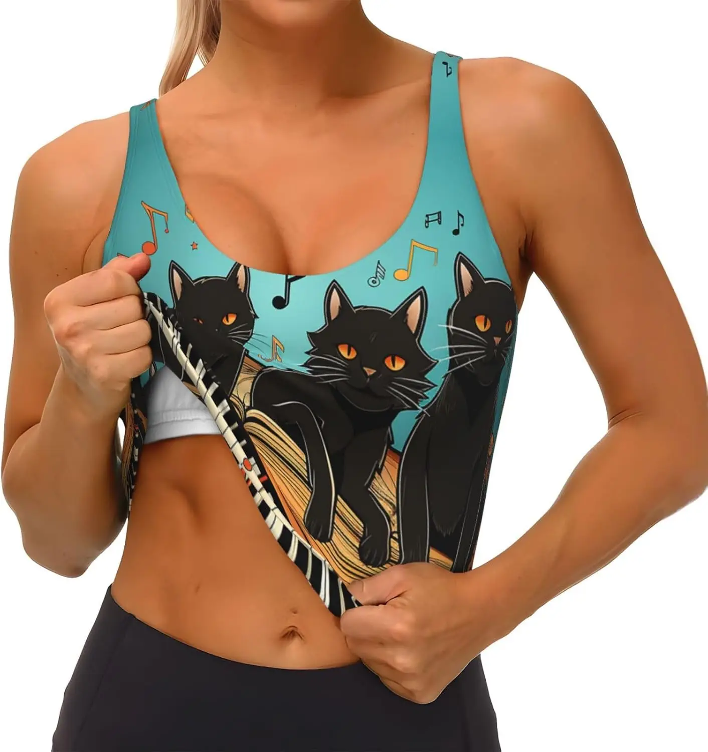 สปอร์ตบราสําหรับผู้หญิง, U Back เสื้อกล้ามสตรีแบบถอดได้แมวนอนบนเปียโนตลกโยคะพิมพ์ออกกําลังกาย Bras