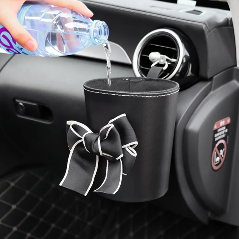 

Cute Bowknot Car Trash Bin Can Waterproof for Back Seat Headrest Mini Auto Outlet Air Vent Organizer Rubbish Bag Garbage Storage