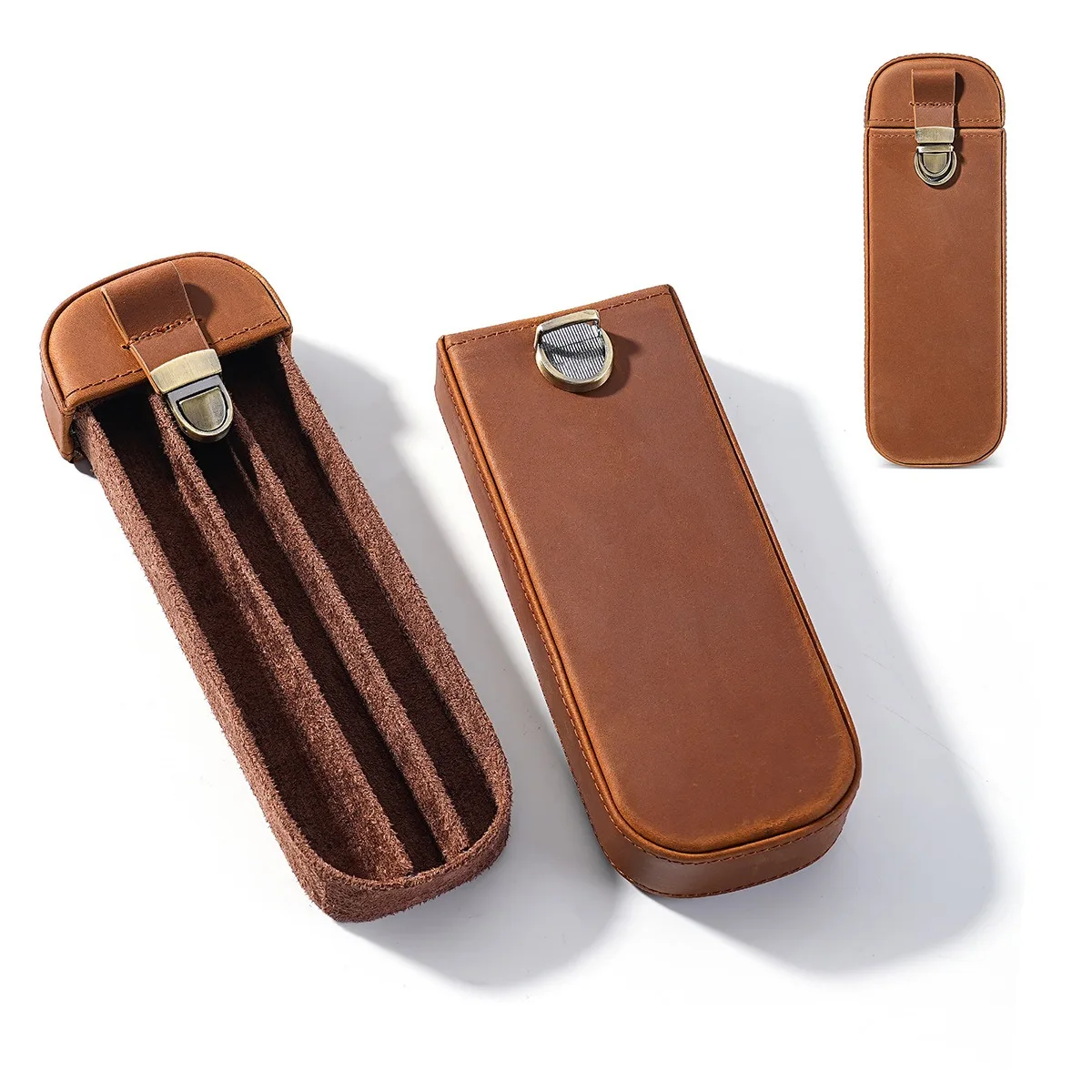 Handmade Leather 3 Slots Fountain Pen Case with Removable Tray Brass Lock Crazy Horse Leather Pencil Holder Pouch for 3 Pen