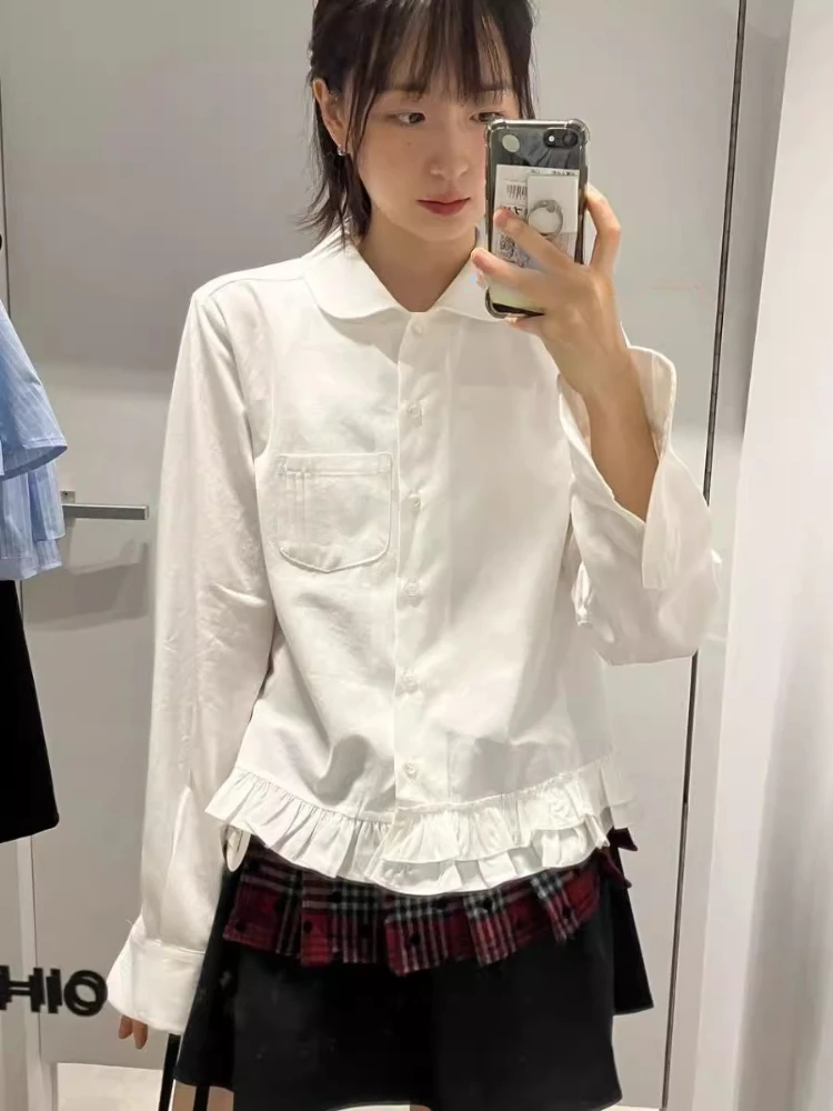 Autumn Lolita Peter Pan Collar Sweet Blouse Women Y2k Aesthetic Ruffle Cropped Shirt Harajuku Vintage Solid Pocket Grunge Blusas