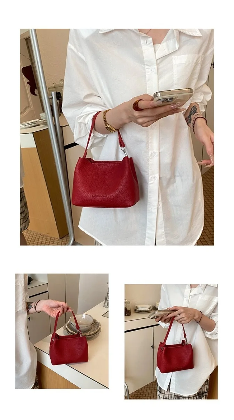CEEKAY Minimalistische Mini-Eimertasche aus genarbtem, lederähnlichem Leder mit Aufdruck, leicht und tragbar, als Umhängetasche oder Schultertasche für Kaffeebraun – Detail 3