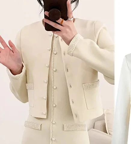 

Women's white two-piece suit: long-sleeved rhinestone-embellished round-neck cardigan or fitted sleeveless midi robe