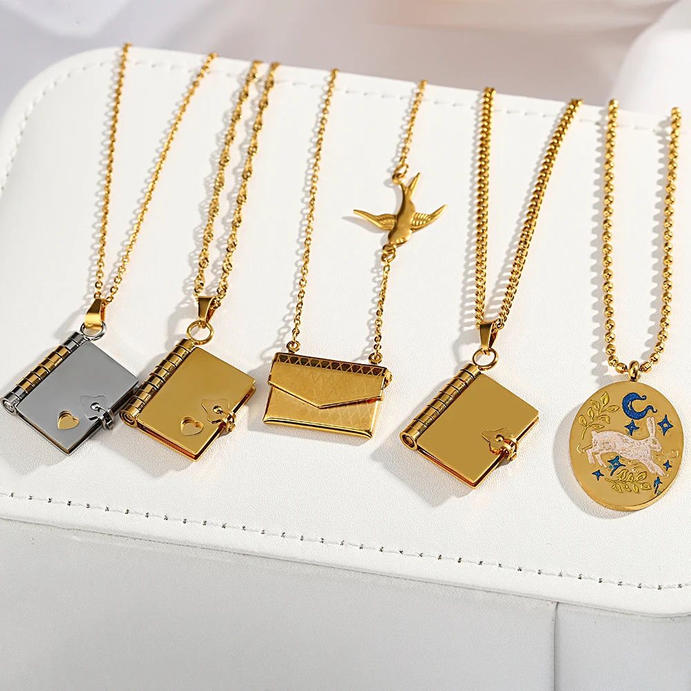 

Vintage Story Book Green Mermaid Pendant Necklace Stainless Steel Jewelry for Women Rabbit Pigeon Wallet Heart Pocket Lock Gifts