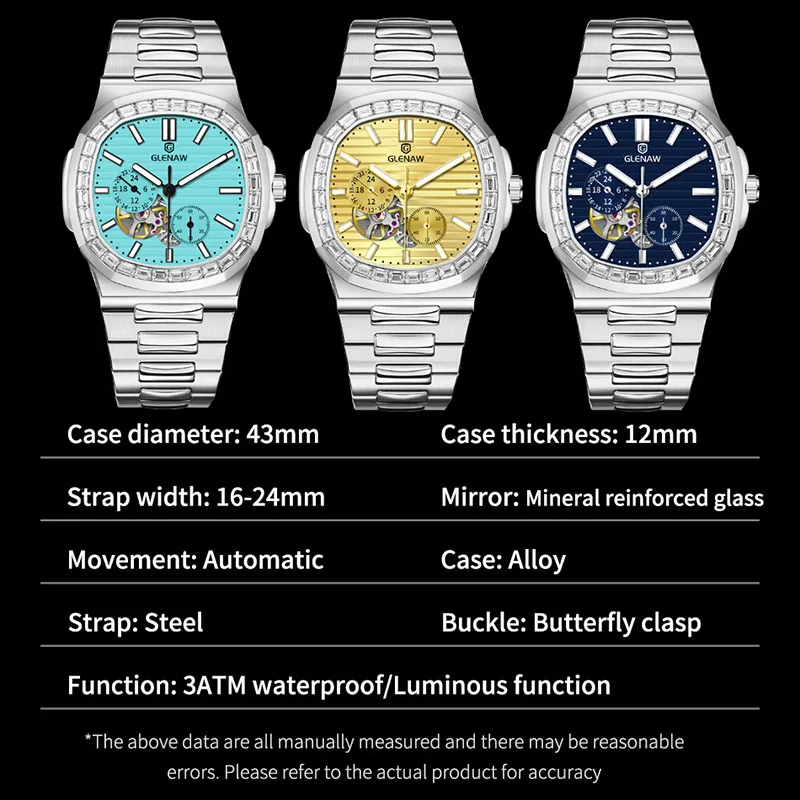 2024 GLENAW original genuine men\'s multifunctional mechanical watch stainless steel strap with luminous waterproof and free box