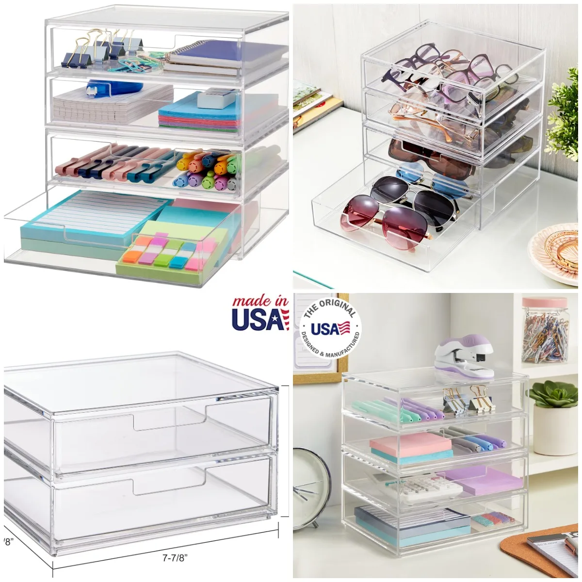 

Chloe Clear Drawer Organizer (4 Wide Drawers) for Office, Kitchen, Beauty & Jewelry – Made in USA