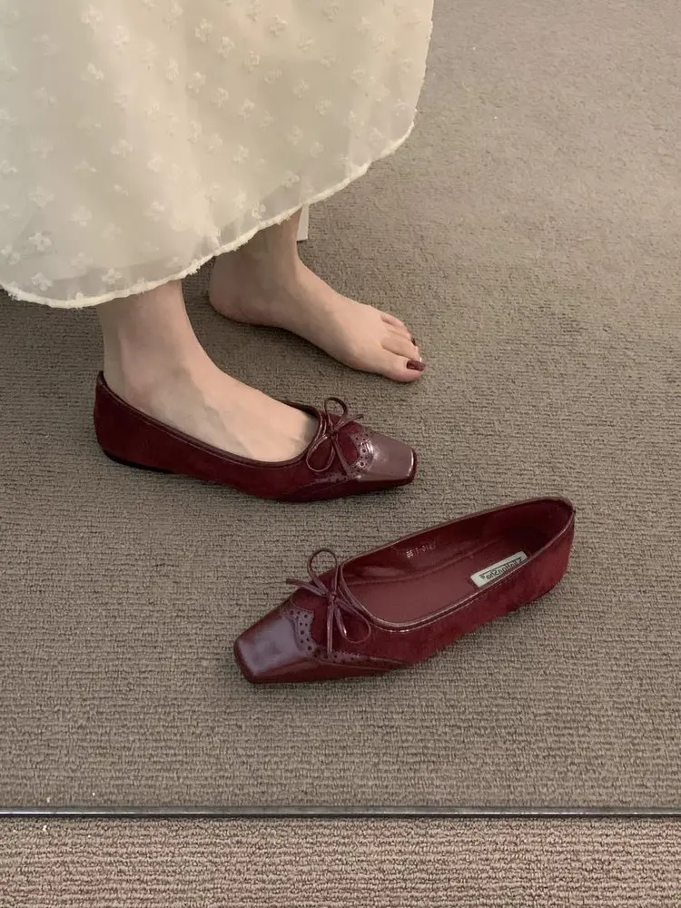 Damen Loafer mit eckiger Zehenpartie und Schleife, flache Schuhe im französischen Stil, weiche Sohle, flache Slip-Ons für Freizeit, Büro, bequeme Fahrschuhe – Detail 2