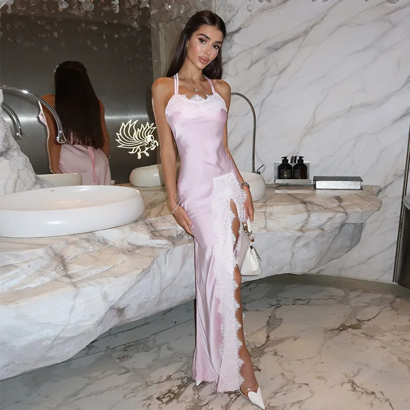 

Pink Ruched Slit Women's Clothing 2025 New Sweet Fresh Suspender Lace Stitched Party Gown High Waisted Slim Prom Skirt In Stock