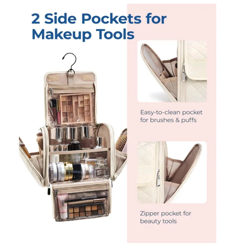 حقيبة مستحضرات التجميل ذات سعة كبيرة من TEXU مع خطاف للسفر، حقيبة تنظيم المكياج المعلقة باللون الأبيض الكريمي #2