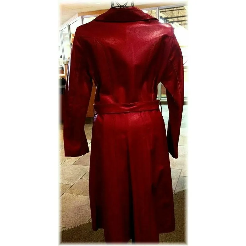 Women's SEXY Genuine Lambskin Leather Long Trench Coat Overcoat Red Belted Coat